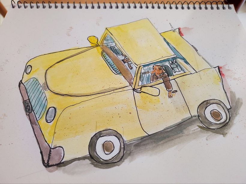 um carro amarelo pintato em aquarela