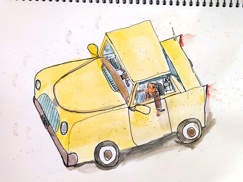 um carro amarelo pintato em aquarela