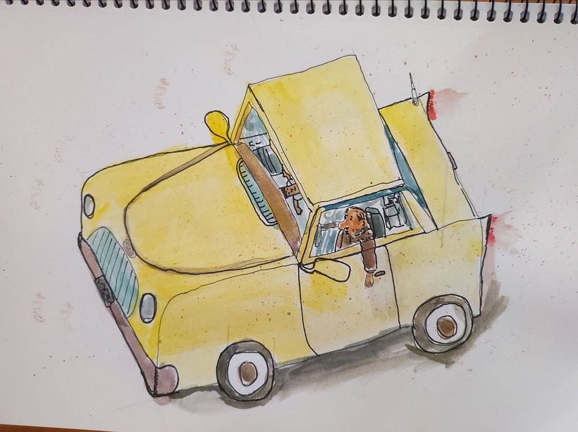 um carro amarelo pintato em aquarela