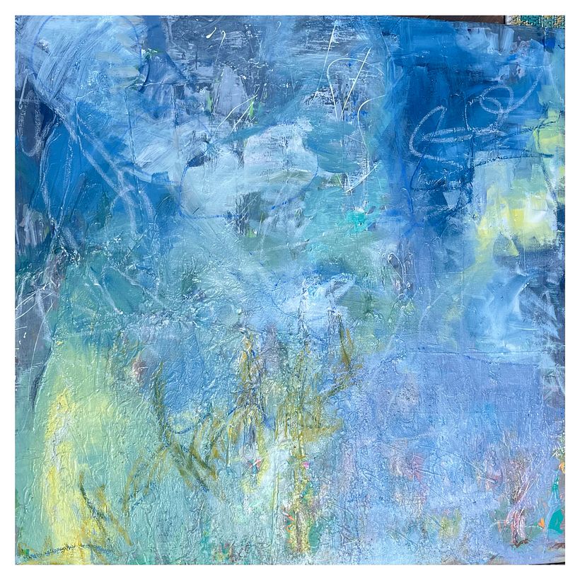 BLUEBIRDS, 2023, 36X36, MIXED MEDIA ON CANVAS