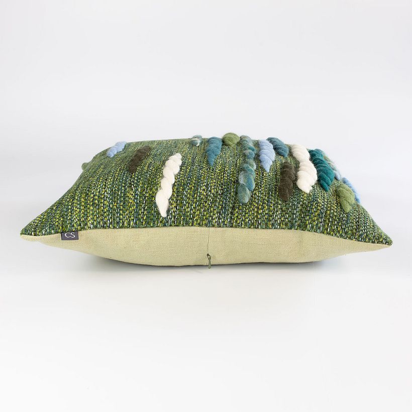 Side view of the cushion with the client's choice of backing fabric.