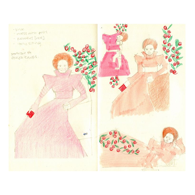 drawing Sonja knips from memory - I found it really difficult. tried her in different poses, and playing with materials