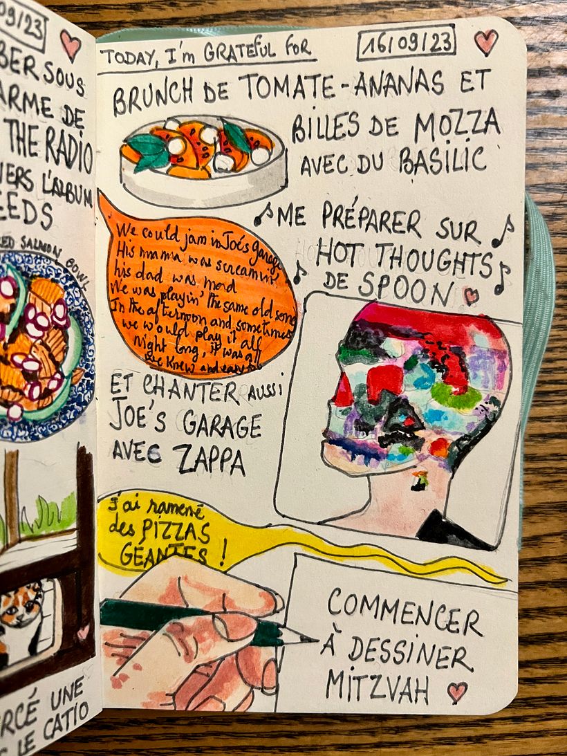 We had a brunch based on tomato and mozzarella, I listened to Spoon and Zappa, and began drawing a cat named Mitzvah <3
