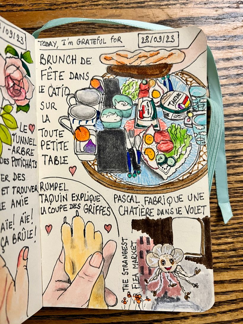 Delicious brunch on the catio's tiny table, my husband worked on the cat doors, a friend showed me how to cut their nails