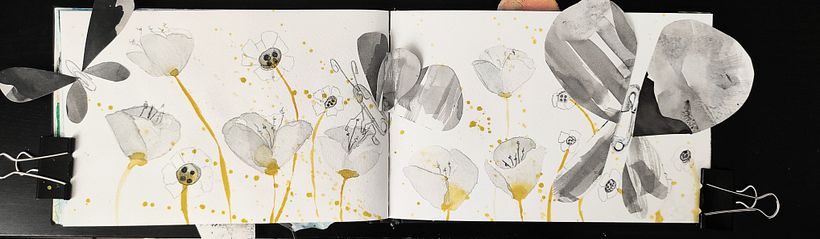 Flores monocromáticas, abstractas, mariposas abstractas con alas collage y salen de la página