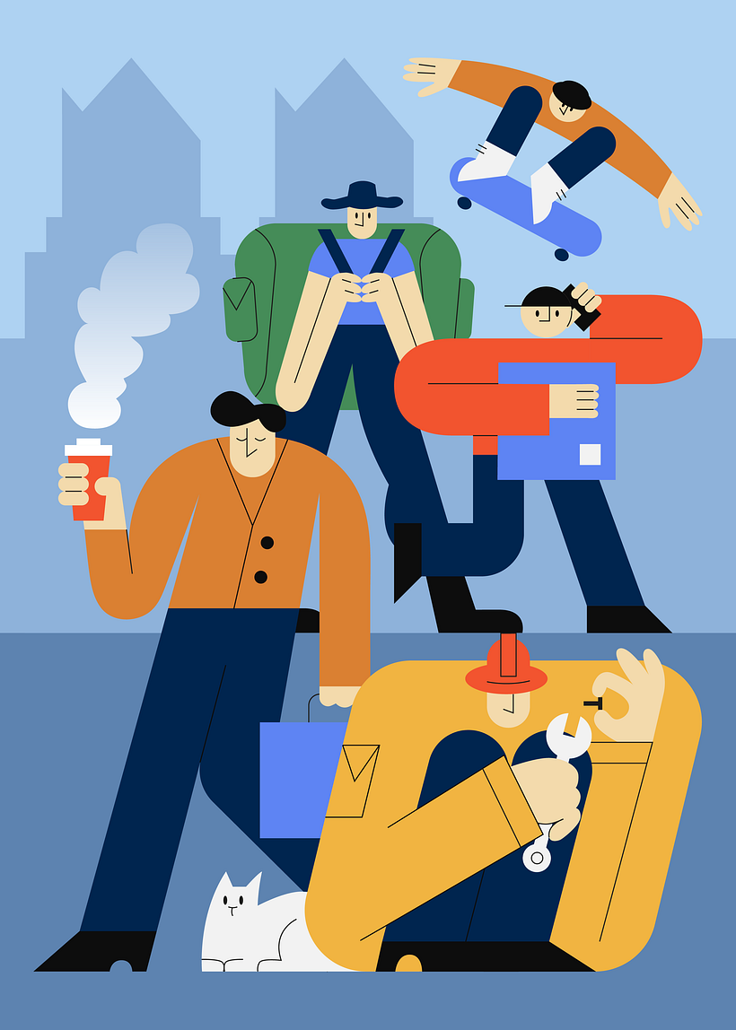 City Characters in Bold Flat Style - Traditional illustration