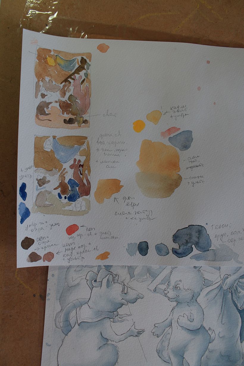 The color map was chosen almost immediately: soft warm colors. Ocher, sienna, sepia. All colors are muted