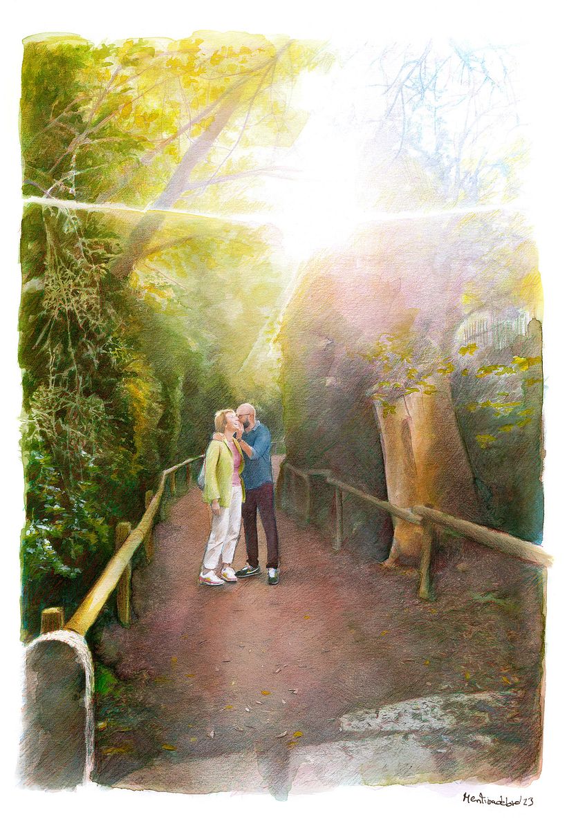 Couple and forest realistic watercolor portrait 1
