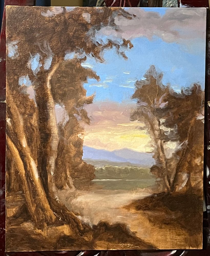 Sunlit Riverbank Oil Landscape - Fine Arts
