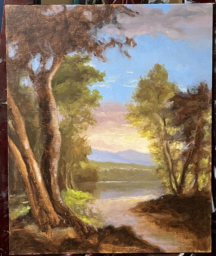 Sunlit Riverbank Oil Landscape - Fine Arts