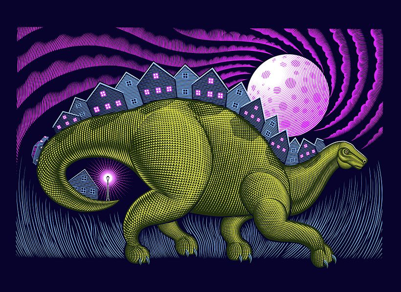 Here’s a new piece I recently finished. This “Suburban Stroll” illustration is now available at my store. 