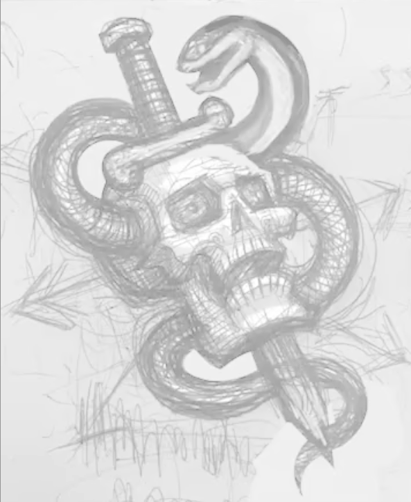 I started out with a super rough thumbnail sketch.  This was done on a sheet of paper with pencil and pen.  