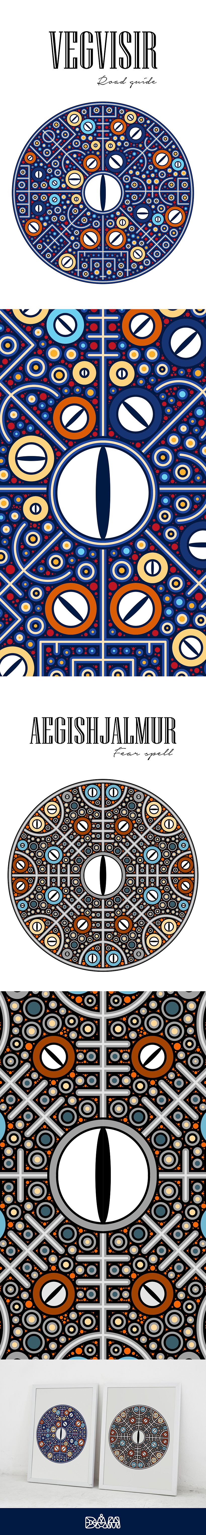 Illustration of viking runes with geometric patterns and contrasting colors