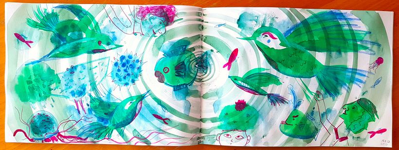 here I tried to bring many of the themes together - the background is a line/brush control exercise - it was so much fun!