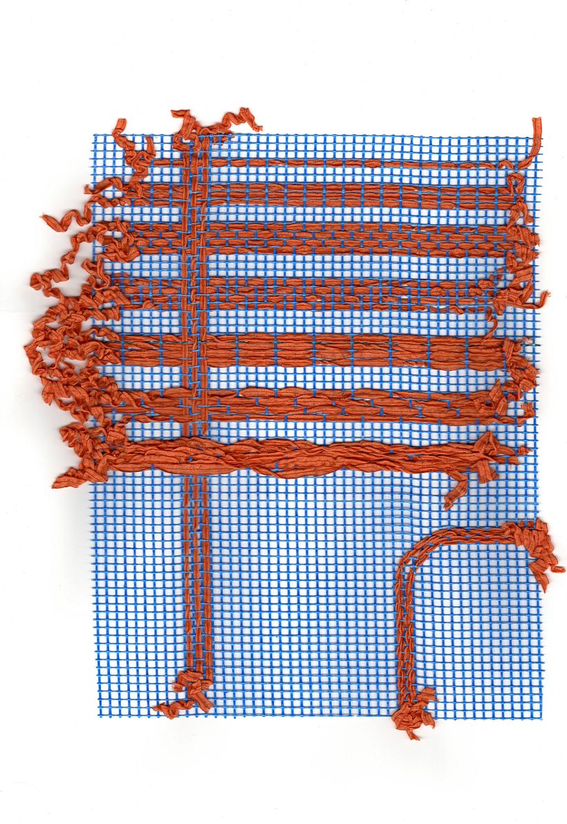 Textile sample #3 - Stitches with fancy yarn on synthetic net