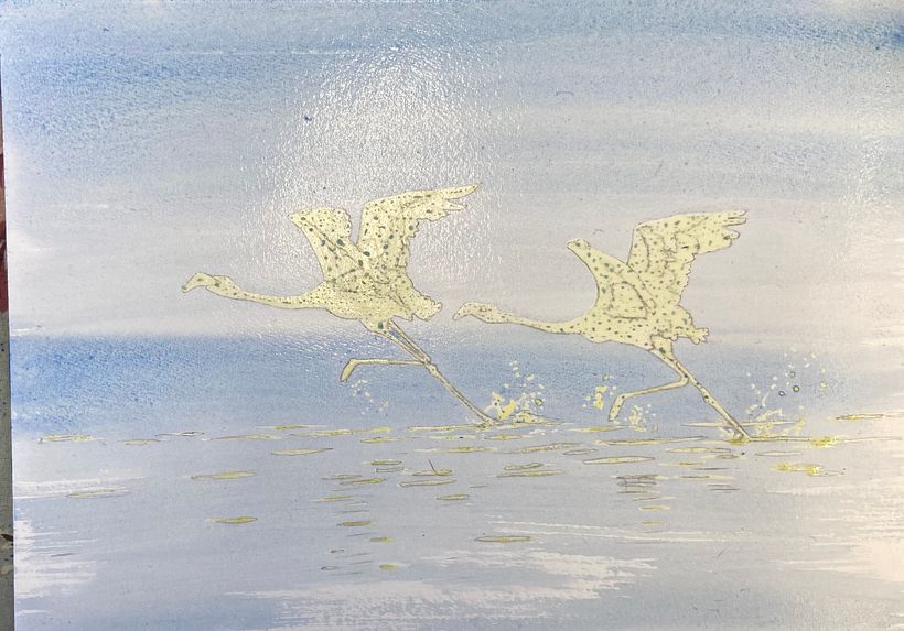 Initial wash of blue laid down with 1inch flat brush. Note how sky lightens towards the horizon 