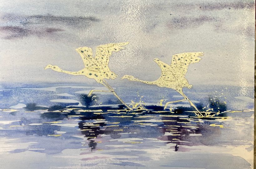 Once dry, paper sprayed with atomiser and clouds added to sky 