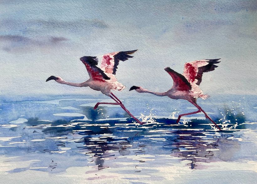 Second flamingo finished and a few swirls added to the water with a size 12 round brush, tip used.