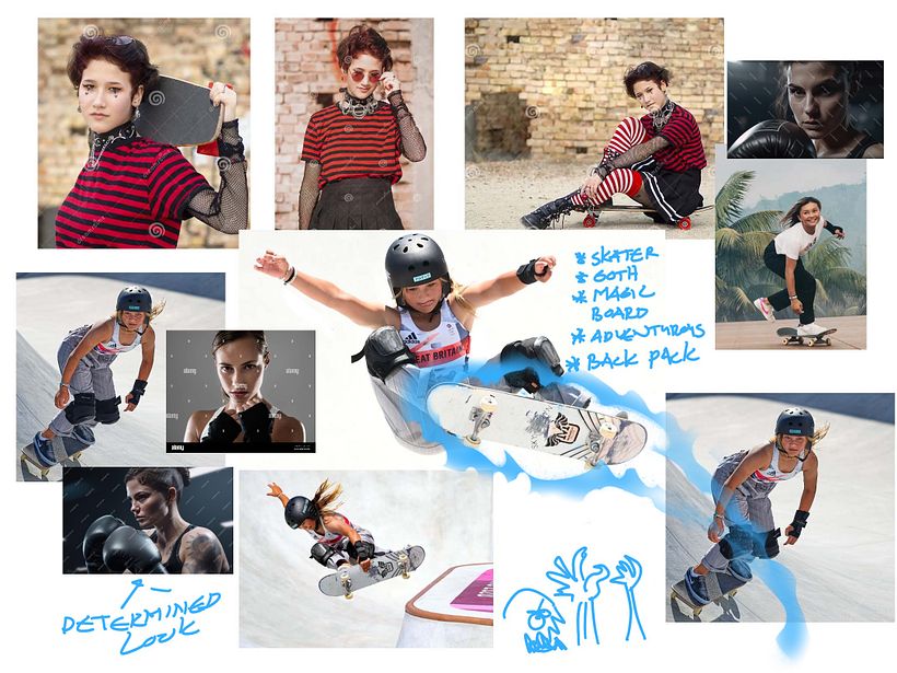 This is the mood board i made. i really wanted a goth-like skater girl character on a magical board in a fantasy world.