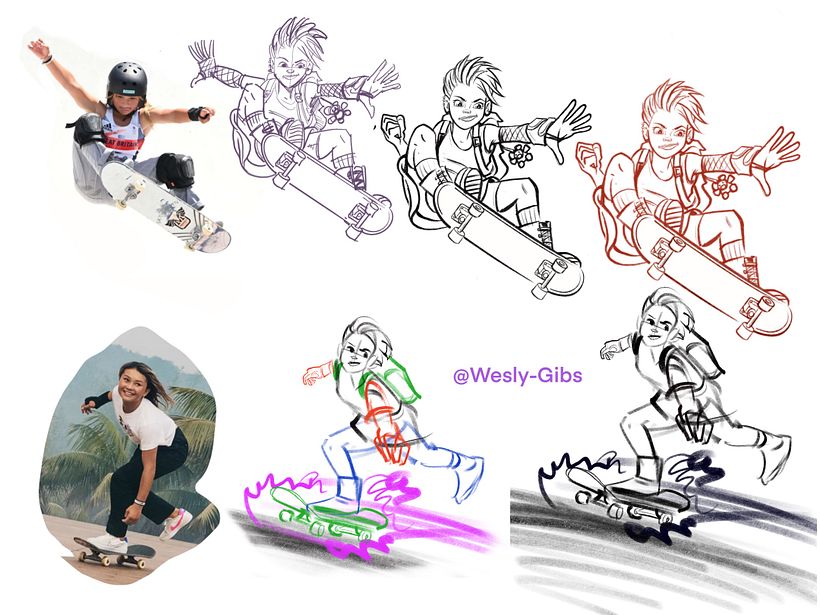 I chose two directions. The one at the top had more dynamic and possibilities. I figured she would be almost flying her board