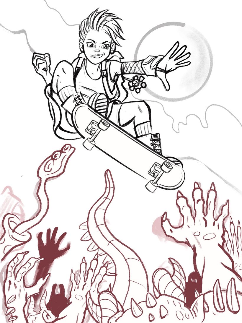 Flying her board across a sea of monsters in a magical world.