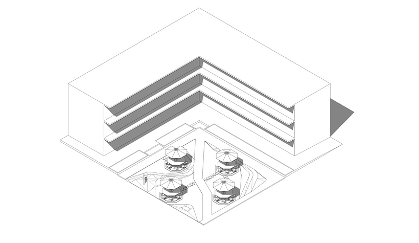 Representación axonométrica con aplicación de materiales, vegetación y escala humana.
