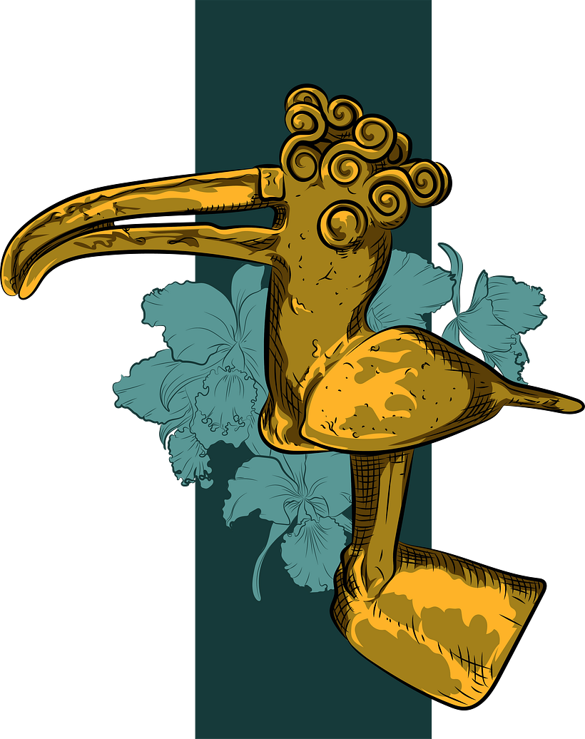 Ilustración inspirada en elemento precolombino, atrás se observan unas orquídeas, la flor nacional de Colombia