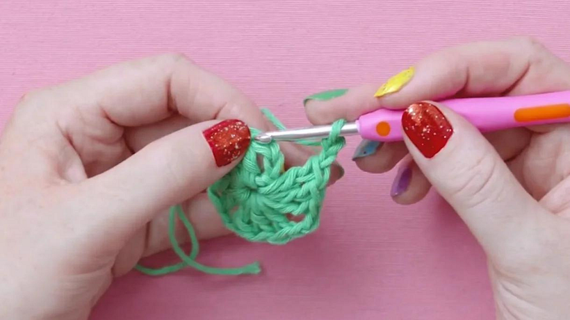 Count three chains from your first round to create the slip stitch