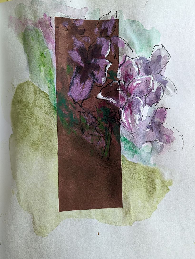 gesture drawing of Hesperis matronalis in india ink with watercolour and watersoluable crayons with red resin paper