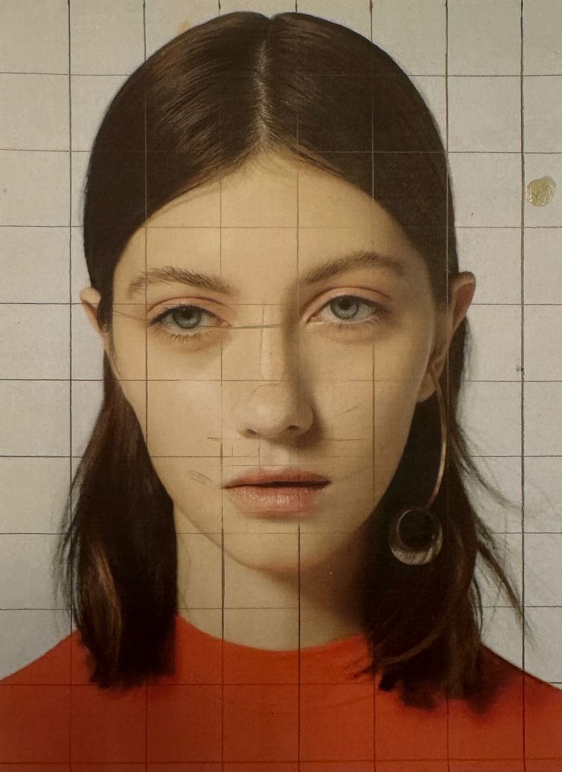 Portrait féminin aux feuilles dorées - Illustration traditionnelle