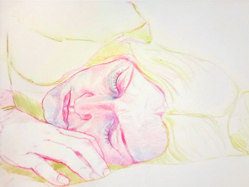 Śpiący portret kredkami colorystycznymi - Rysunek