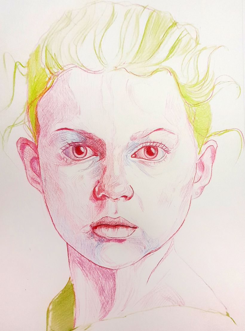 Śpiący portret kredkami colorystycznymi - Rysunek