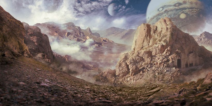5. Imagen final. Integración de elementos del terreno, añadida imagen del cielo, nubes, niebla y planetas.