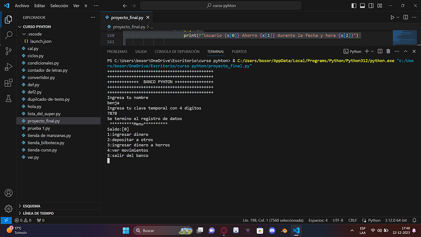 Mi proyecto del curso: Introducción a la programación con Python (Banco Python) 3