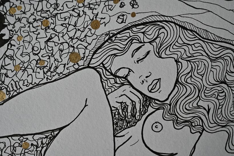 The last ink interpretation is an hommage to art noveau with a touch of wild lines moving through.