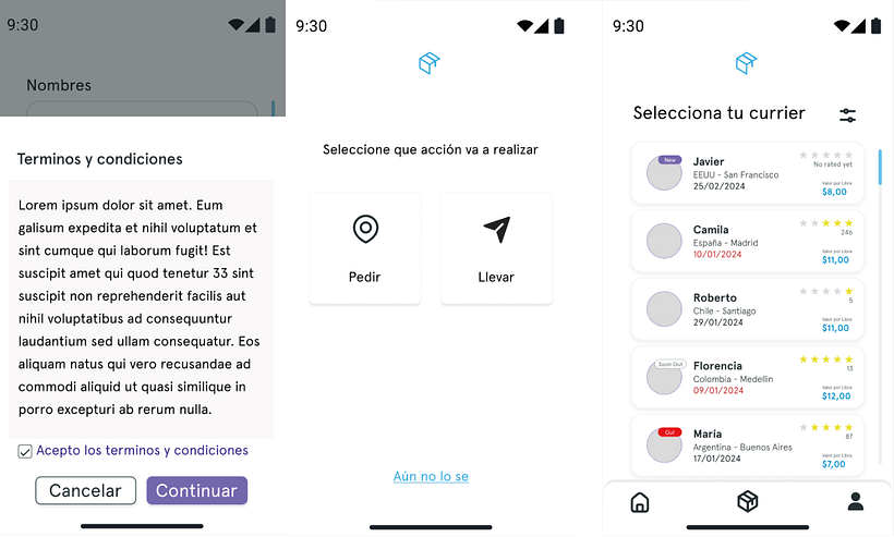 Flujo de ingreso y selección móvil