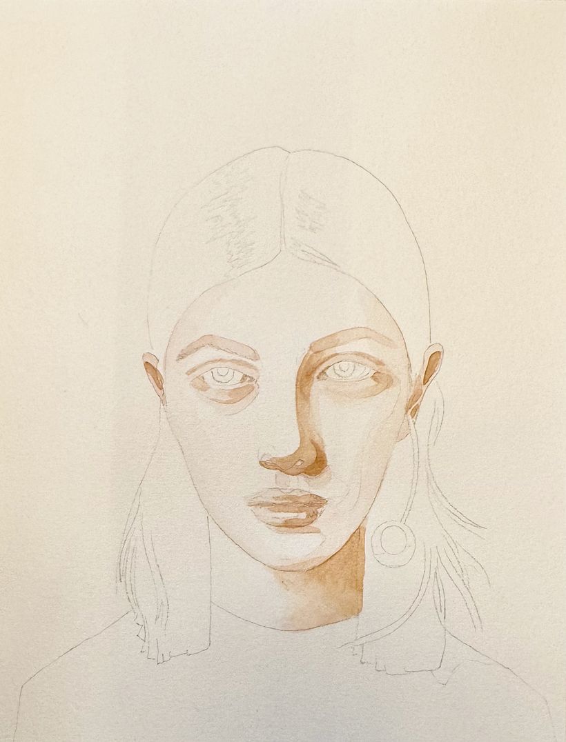 Portrait féminin aux feuilles dorées - Illustration traditionnelle