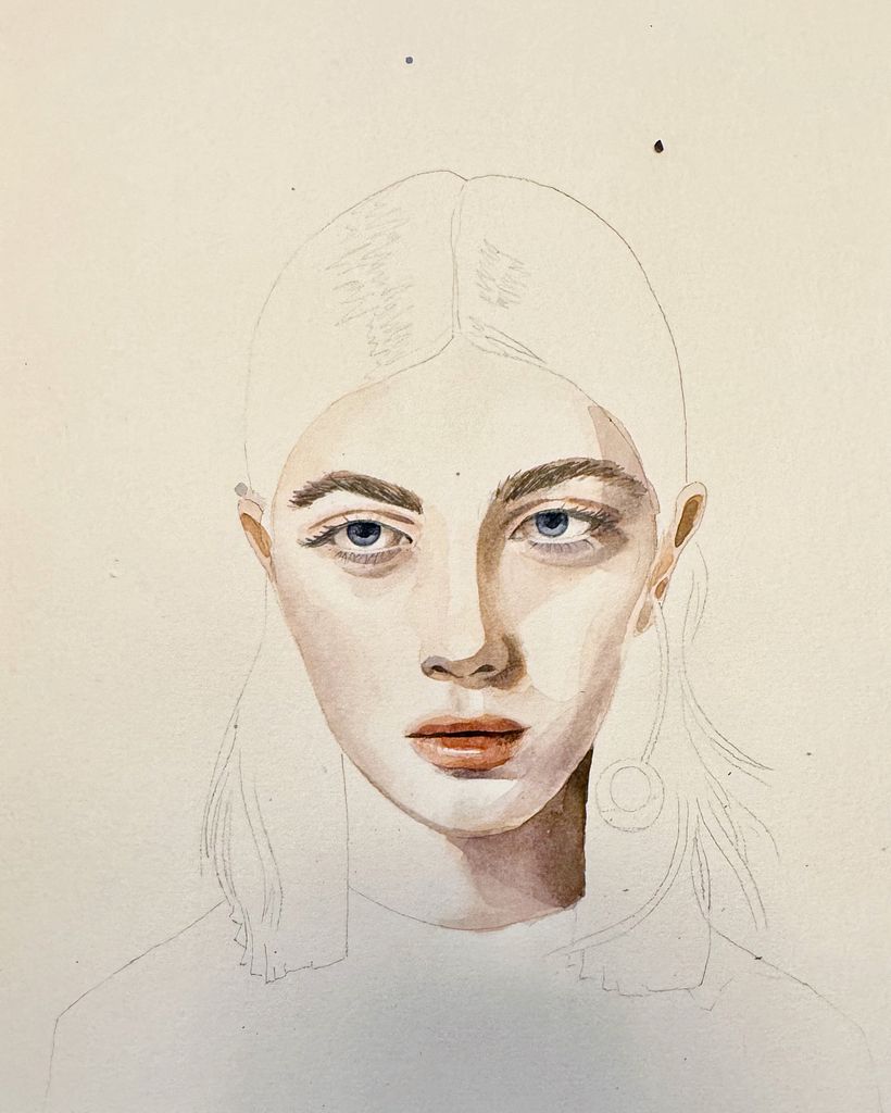 Portrait féminin aux feuilles dorées - Illustration traditionnelle