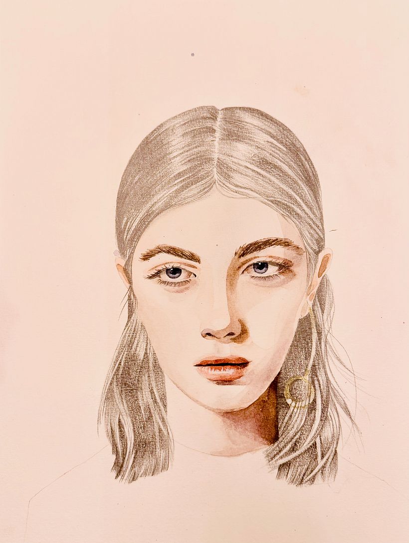 Portrait féminin aux feuilles dorées - Illustration traditionnelle