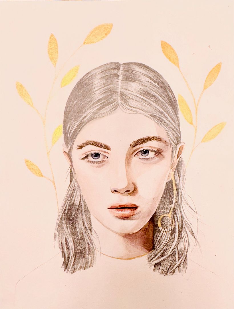 Portrait féminin aux feuilles dorées - Illustration traditionnelle