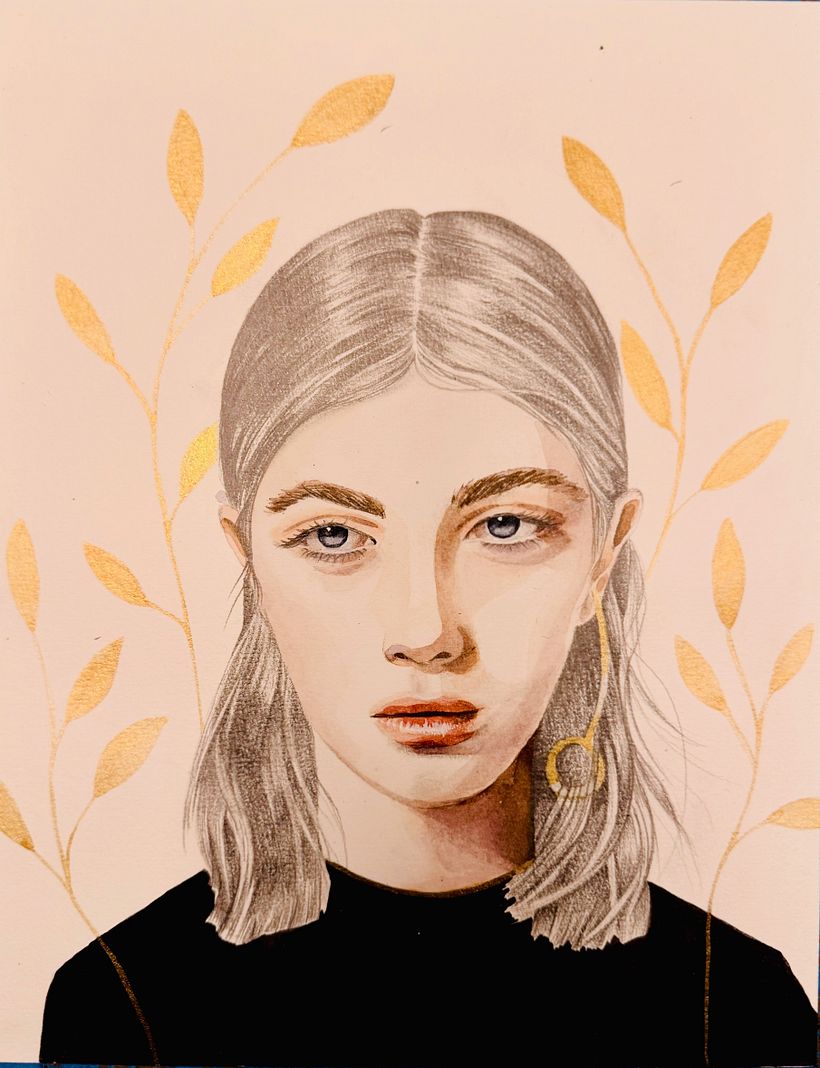 Portrait féminin aux feuilles dorées - Illustration traditionnelle