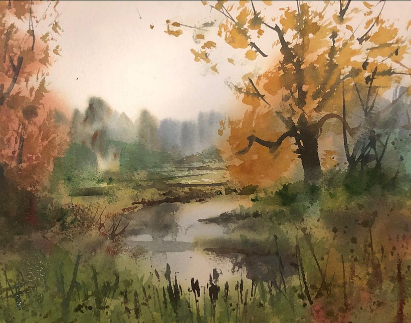 Fall colors. Personal project, this is wet on wet with dry on dry technique.