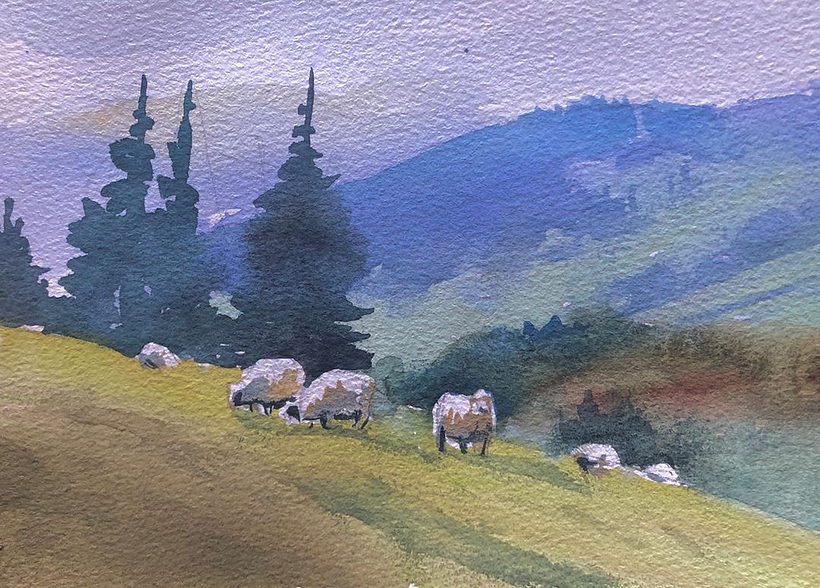 Blues and greens and some sheep. Here i tried to capture the arial perspective.