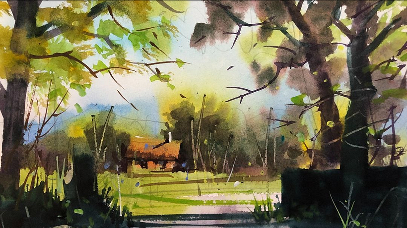 Lonely cabin in the woods. I painted this piece on location, I was facinated for the light behind the trees.