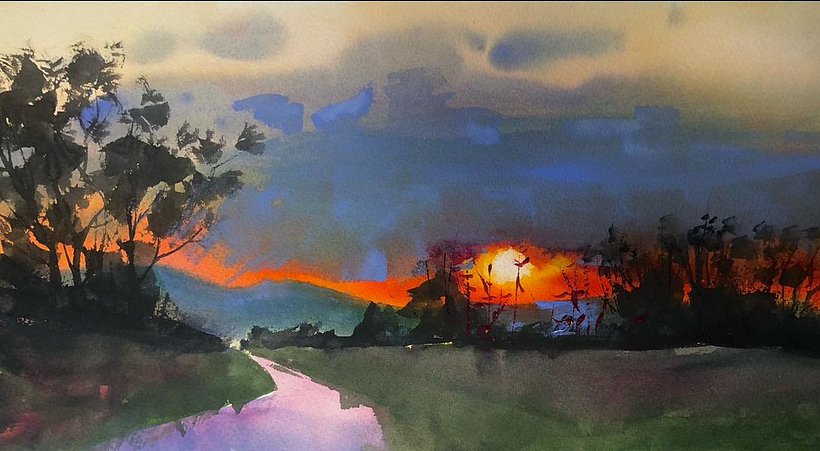 Burning sun. I was really impressed by this strong sunset. Small studies on location, this painting finished in the studio.