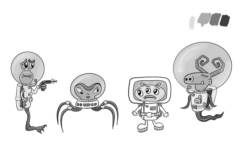 The 4 Monster Astronauts in grays with lights and shadows.