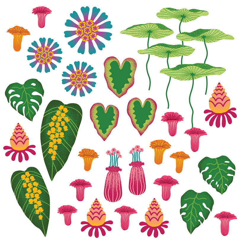 Collection of several different styles of vector based motif designs, with raster based texture effect.