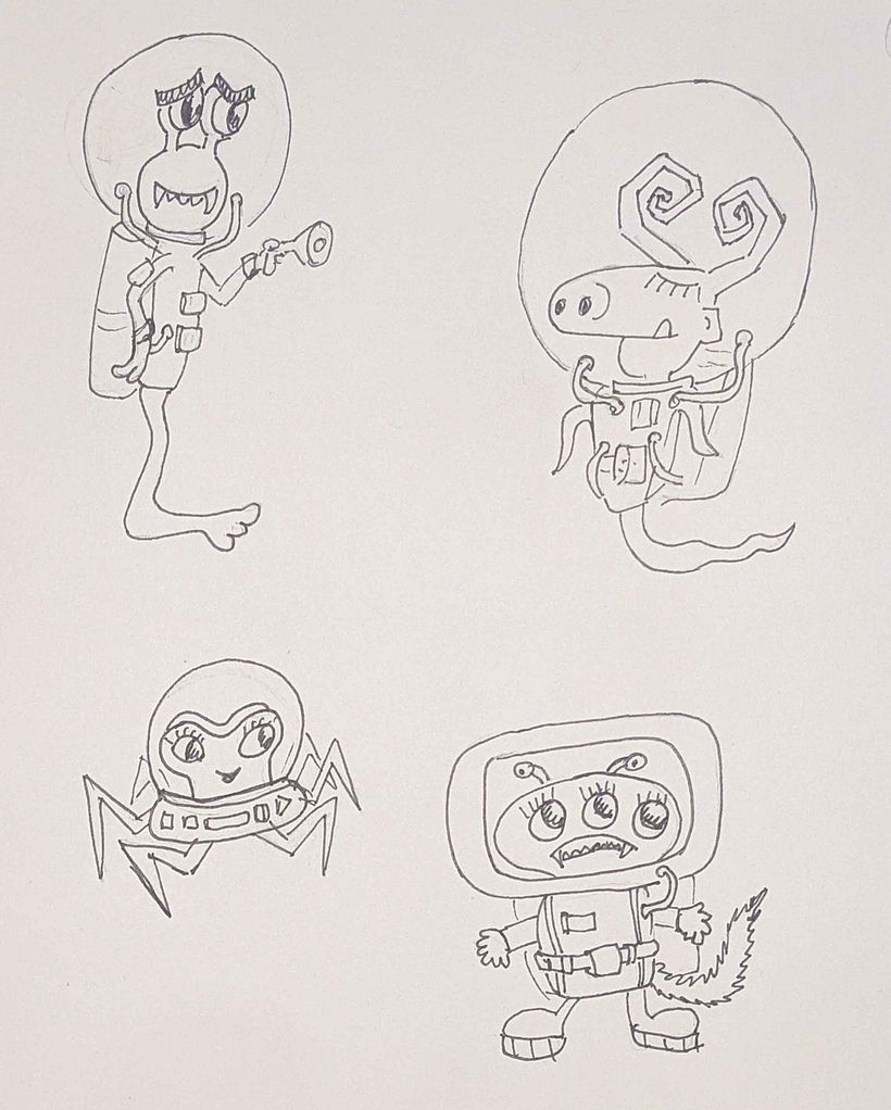 The sketch in fineliner of the 4 Monster-Astronauts
