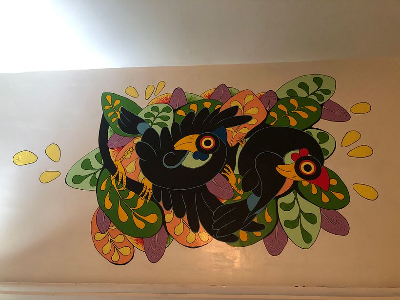This is the completed 42"x 30" mural over the bed in the AirBNB I'm spending the winter in, in Mexico.