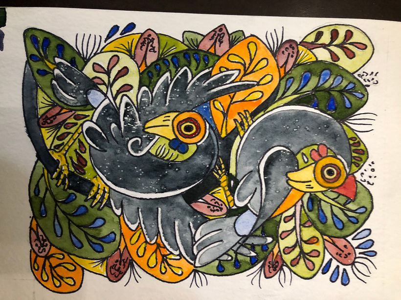 I'm travelling with my limited watercolour pallet and developed a first draft on paper.